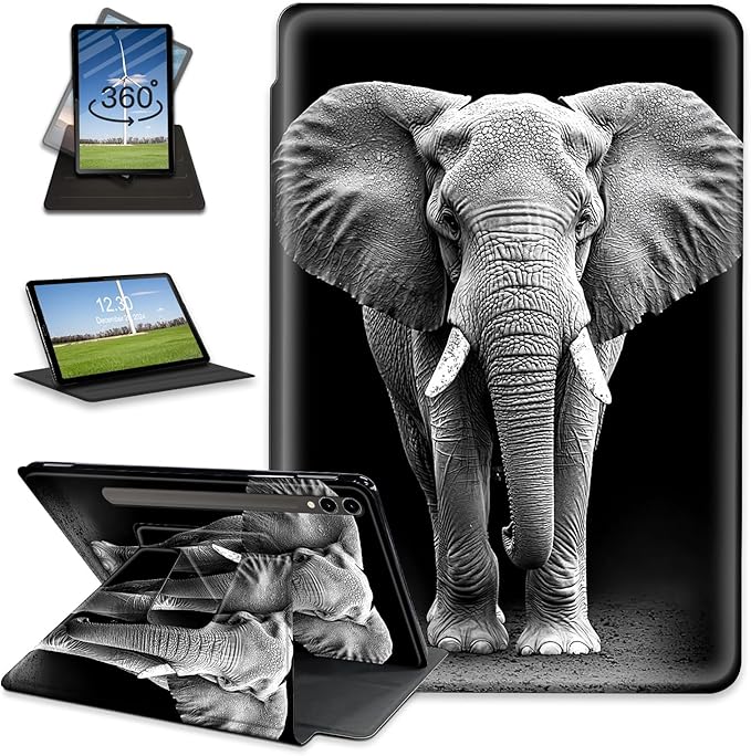 for Samsung Galaxy Tab S9 Plus Case 12.4'' Rotating Auto Wake Sleep for Samsung S9+/S9 FE Plus Tablet Case Leather Elephant Table Cover for Woman Man