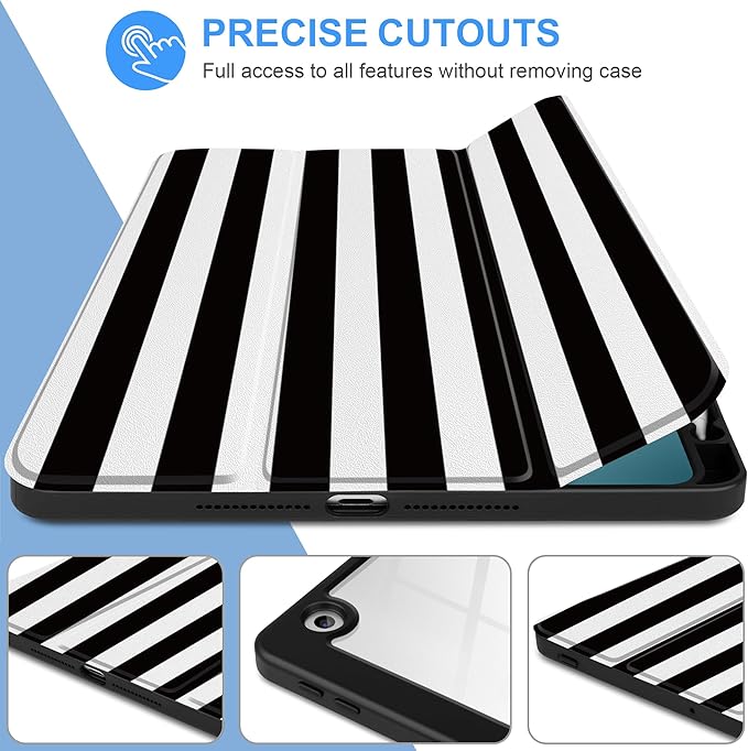 DONGKE for iPad 9th/8th/7th Generation Case 10.2 Inch (2021/2020/2019) [Auto Sleep/Wake &amp Pencil Holder] Clear Acrylic Back Trifold Stand Cover Black Stripes