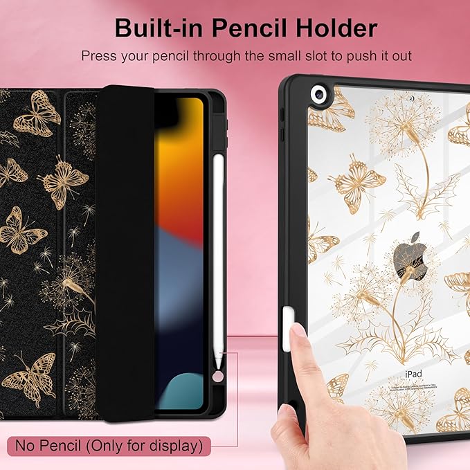 MEEgoodo Case for iPad 10.2 inchTablet Cases for iPad 9th Generation 2021/8th Gen 2020/7th Gen 2019 with Clear Acrylic Back Shell+Pencil Holder+Auto Wake/Sleep+Trifold StandButterflies &amp Dandeli