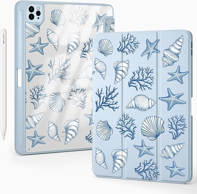 Cute Sea Shell Conch for iPad Pro 11 Inch Case (M5/M4) 2025/2024 with Pencil Holder Auto Sleep/Wake Blue Leather Clear Acrylic Back Cover