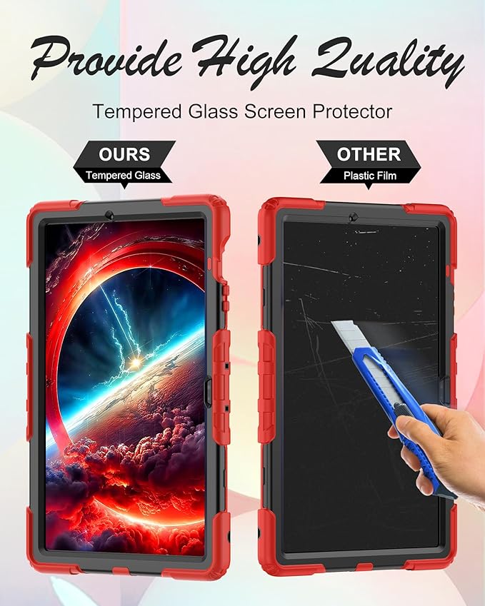 Case for Samsung Galaxy Tab S10 FE Plus 5G Tablet 13.1'' Shockproof Protective Cover with Tempered Glass Screen Protector Rotatable Kickstand S Pen Holder Hand/Shoulder Strap Red