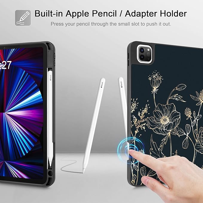 May Chen Case for iPad Pro 11 inch (4th 3rd 2nd &amp 1st Gen) 2022 2021 2020 2018 Trifold Stand + Pencil Holder + Auto Wake/Sleep + Soft TPU Protective Stand Back Cover Abstract Floral
