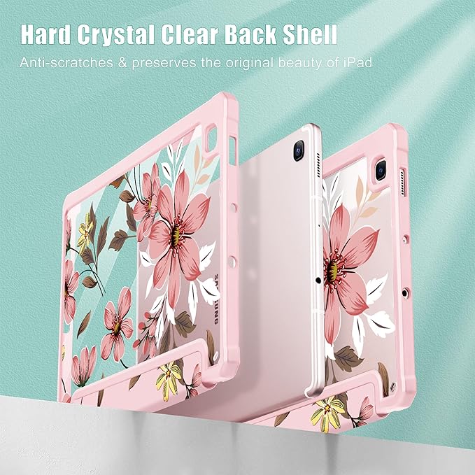 Mektron Case for Samsung Galaxy Tab S6 Lite 10.4 Inch 2024/2022/2020 with S Pen Holder Multi-Angle Viewing with Shockproof Cover Clear Shell + Trifold Stand + Auto Wake/Sleep Floral C293