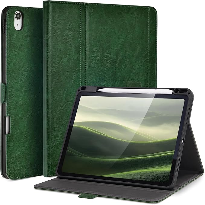 Handmade Case for iPad A16 11th Gen 11 Inch 2025 / iPad 10th Generation 10.9'' with Pencil Holder PocketMulti Angles StandMagnetic ClosureVegan Leather CoverAuto Sleep/WakeGreen