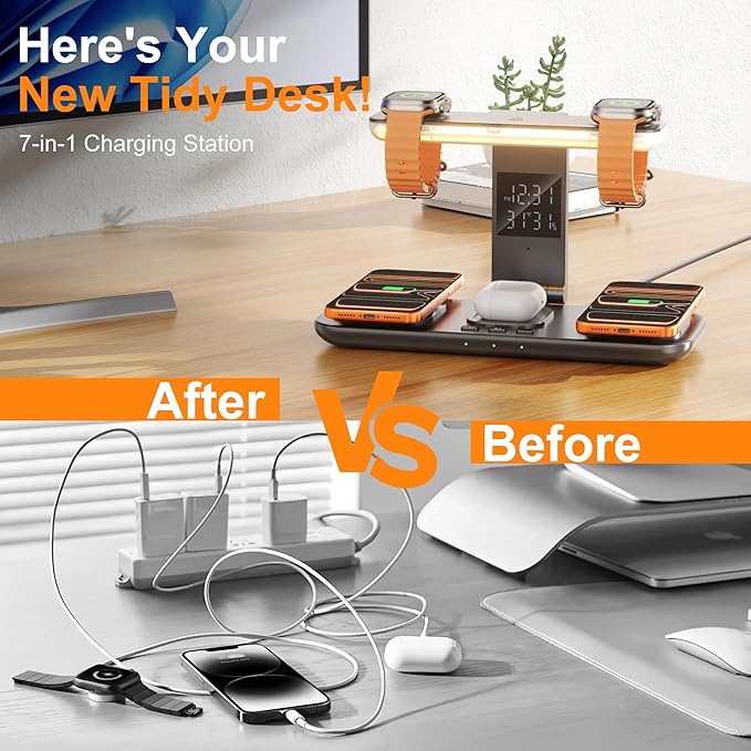 7-in-1 Wireless Charging Station for Apple DevicesDual Phone Charger Stand with Magnetic Charging for iPhone 17-12 Pro MaxDual Watch Charger for iWatch Serieswith AirPods ChargerNight Light&ampCl