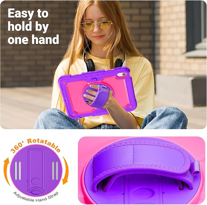 Kids Case for iPad (A16) 11th/10th Generation 11''/10.9'' 2025/2022: Shockproof Protective Case with Hand/Shoulder Strap Pencil Holder Rotate Stand Screen Protector