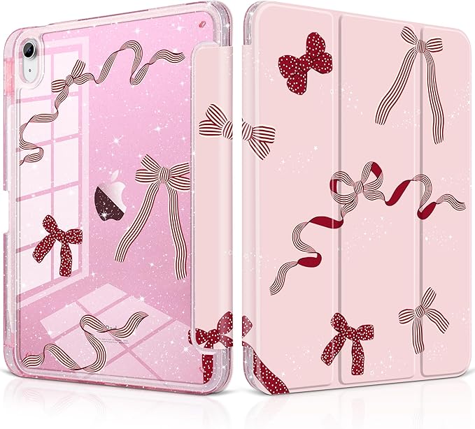 MEEgoodo Case for iPad A16 11th Generation 2025/10th Generation 2022 Glitter Tablet Cases with Transparent Acrylic Back+Trifold Stand +Pencil Holder+Auto Wake/SleepSimple Striped &amp Dots Bow