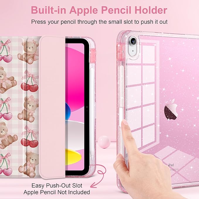 TWOLSKOO Sparkly Case for iPad Pro 11 inch (M5 2025 / M4 2024) Glitter Hard Acrylic Back with Pencil Holder Slim Trifold Stand Folio Cover Auto Sleep/Wake Cherry &amp Bears