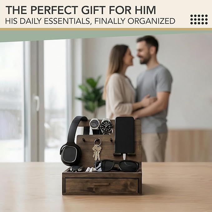 Nightstand Organizer for Men- Phone Docking Station with Drawer for Cellphone Watches Sunglasses &amp Accessories- Makes an Ideal Gift for Dad or Son (Rustic)