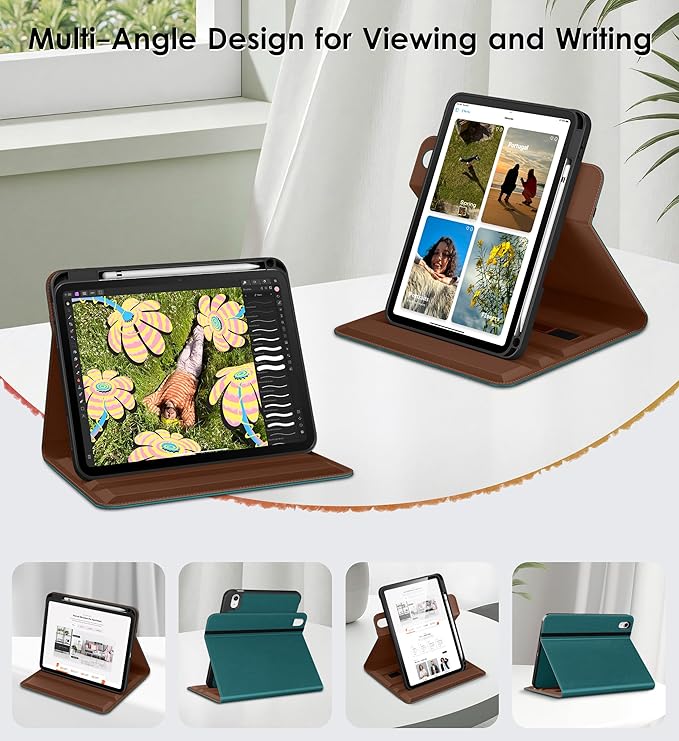 DTTO for iPad A16 Case iPad 11th / 10th Generation Case (2025/2022) 360 Degree Rotating Premium Leather Folio Stand Cover with Pencil Holder Green