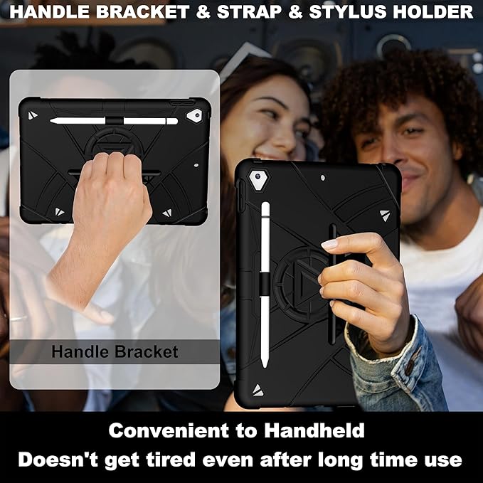 Case for iPad 9th/8th/7th Generation 10.2 inch Heavy Shockproof Cover with Screen Protector/180° Rotating Handle/Bracket/Pen Holder/Shoulder Strap Kids Case for 2021/2020/2019 (D-Black)