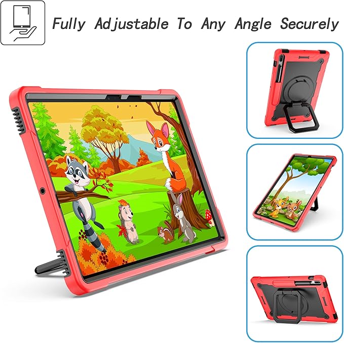 Stand Case for Samsung Galaxy Tab S8 Plus 2022/Tab S7 FE 5G 2021/Tab S7 Plus 2020 Case 12.4 inch 360 Degree Rotating Kickstandwith Hand/Shoulder Strap Rugged Shockproof Cover Red &amp Black