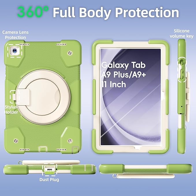 Case for Samsung Galaxy Tab A9+/A9 Plus Case 11 Inch with Screen Protector/360° Rotating Stand/Pen Holder/Shoulder Strap Shockproof Cover for Tablet A9+ 5g (Green)