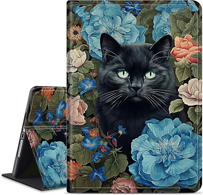 Blue Flowers Black Cat