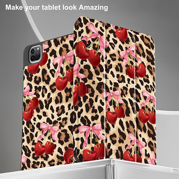 May Chen Case for iPad Pro 11 inch (4th 3rd 2nd &amp 1st Gen) 2022 2021 2020 2018 Trifold Stand + Pencil Holder + Auto Wake/Sleep + Soft TPU Protective Stand Back Cover Cherry &amp Cheetah