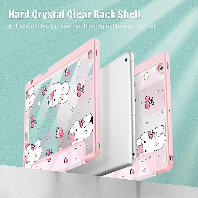 for iPad 9th Generation with Pencil Holder iPad 8th/7th Gen Case 10.2-inch [Built in Pencil Holder] Trifold Stand Auto Wake/Sleep Clear TPU Protection Back Cover Rabbit &amp Strawberry