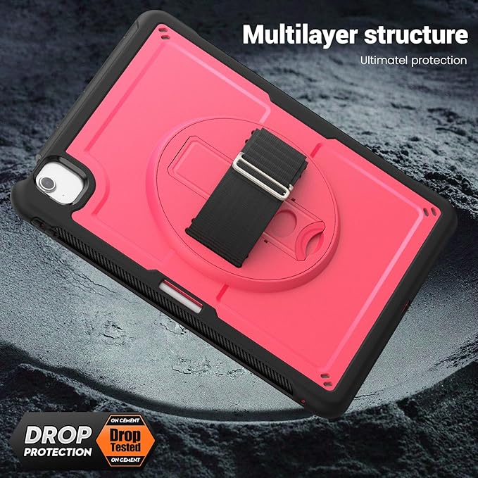 Batianda Case for iPad Air 13-inch 2025 M3 2024 M2 Chip Multilayered Rugged Durable Shockproof Tablet Cover with 360° Rotating Hand Strap Foldable Hidden Stand Pink