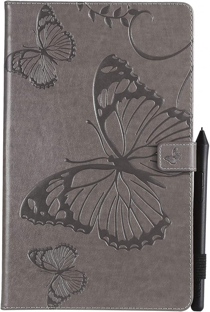 Kindle Fire HD 10 Tablet 2019/2017 Case 9th/7th Generation 10.1 with Pencil Holder Pockets [Auto Sleep/Wake] Folio Stand Embossed PU Leather Magnetic Smart Wallet TPU Cover Gray Butterfly
