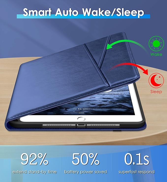 DTTO Rotating Case for iPad 6th / 5th Generation 9.7 Inch 2018/2017 iPad Air 2 / Air 1 Case 360 Degree Swiveling Premium Leather Folio Stand Cover with Pencil Holder - Auto Wake/Sleep Navy Blue