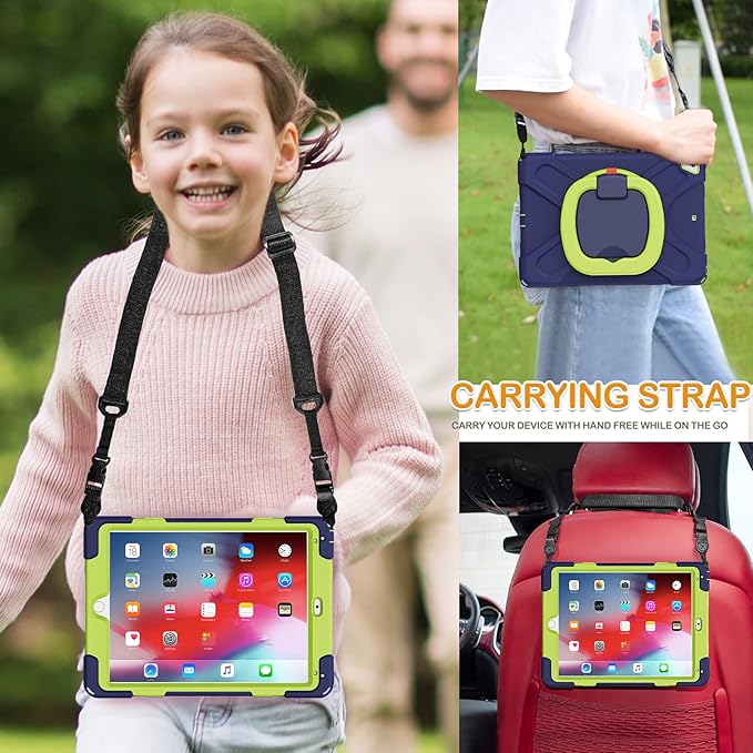 BRAECN Case for iPad 9.7” iPad 6th/5th Generation 2018/2017 iPad Air 2 Hybrid Shockproof Rugged Drop Protection Cover with Kickstand Pencil Holder Carrying Strap Hand Grip for Kids-Navy+Green