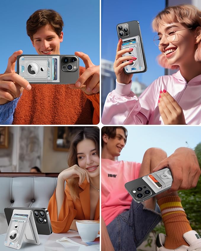 For Magsafe Wallet Stand with Airtag Holder Strongest Magnetic Wallet for iPhone 17/16/15/14/13/12 Series ID Window 4 Card Slots 10 Cards Holder Vegan Leather RFID Blocking Light Gray