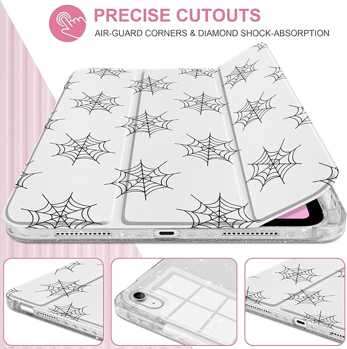 MEEgoodo Case for iPad A16 11th Generation 2025/10th Generation 2022 Glitter Tablet Cases with Transparent Acrylic Back+Trifold Stand +Pencil Holder+Auto Wake/SleepSpiderweb Pattern