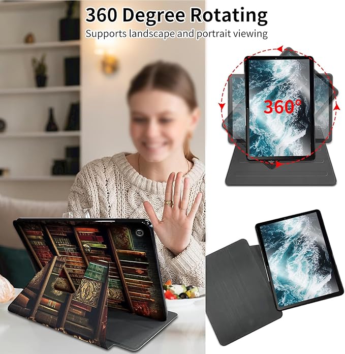 Case for All-New Amazon Fire HD 10 Tablet (13th Generation 2023 Release)360 Degree Rotating Swivel Stand PU Leather Cover with Auto Wake SleepVintage Bookshelf
