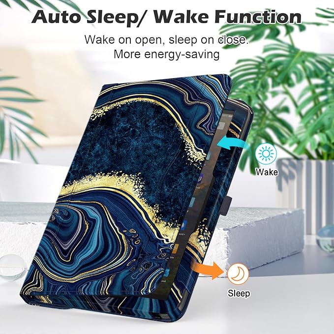 Case for 10 &amp 10 Plus Tablet (13th/ 11th Generation 2023/2021 Released) 360 Degree Rotating Stand PU Leather Cover with Pencil Holder Auto Sleep/Wake Pocket Design Marble Ocean Blue