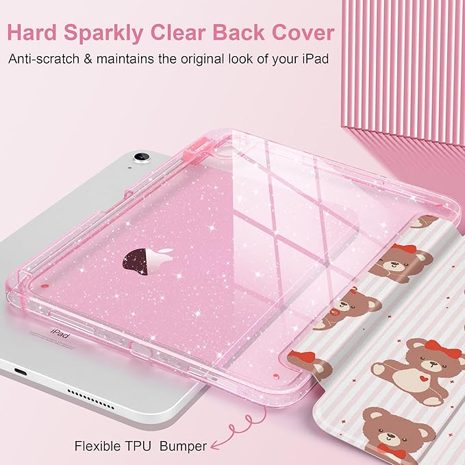 DONGKE for iPad Case 9th/8th/7th Generation 10.2 Inch (2021/2020/2019) Shockproof Glitter Acrylic Back with Trifold Stand Pencil Holder &amp Auto Sleep/Wake - Lovely Bears