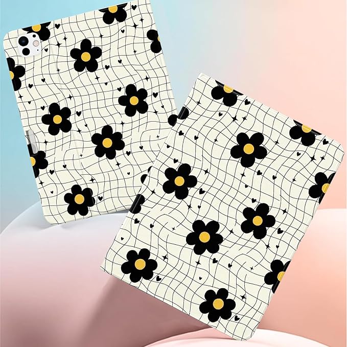 Cute Case for iPad Air 13 (M3) 2025/(M2) 2024/iPad Pro 12.9 2022/2021Abstract Line Flower Textured Folio Case with Pencil Holder Multi-Angle View Adjustable Stand Auto Wake/Sleep for Women