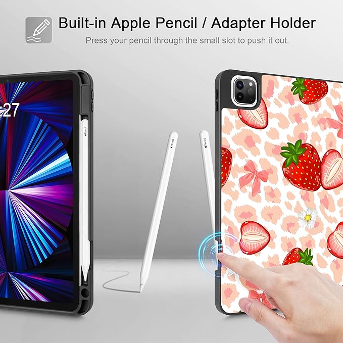 May Chen Case for iPad Pro 11 inch (4th 3rd 2nd &amp 1st Gen) 2022 2021 2020 2018Trifold Stand with Auto Wake/Sleep Soft TPU Protective Stand Back Cover Leopard Print Strawberry