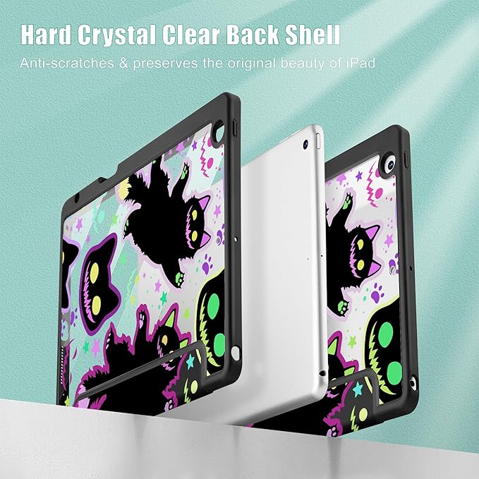 for iPad 9th Generation with Pencil Holder iPad 8th/7th Gen Case 10.2-inch [Built in Pencil Holder] Trifold Stand Auto Wake/Sleep Clear TPU Protection Back Cover Creepy &amp Funny Cats