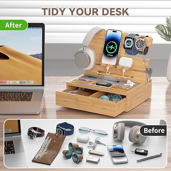 Pezin &amp Hulin Wooden Charging Station Bedside Nightstand Tray with Spacious Drawer Felt Pads for Phones Watch Idea Gifts for Him Birthday Son Christmas for Papa Fathers Day (Nature)