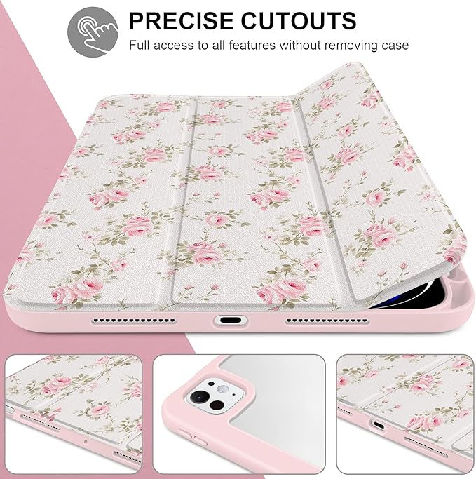 Case for iPad Pro 11 Inch (M5 2025 M4 2024) – [Built-in Pencil Holder] Shockproof &amp Stylish Clear Hard Back + Soft TPU Edge Magnetic Trifold Stand Auto Wake/Sleep Little Rose