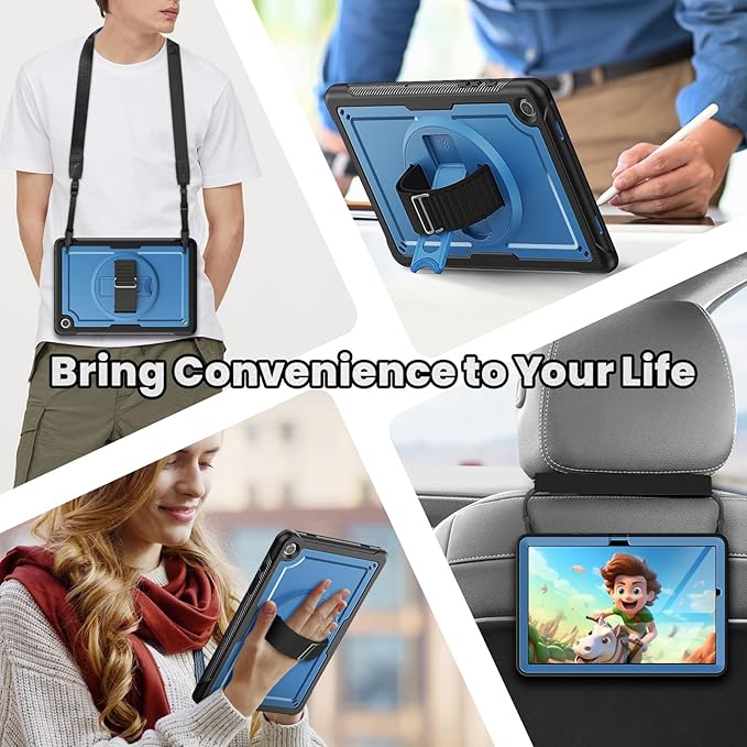 SEYMAC for Samsung Galaxy Tab A9+ Plus Case 11 2023 (SM-X210/X216/X218) Full-Body Shockproof Protective Case with Screen Protector Rotating Stand and Hand/Shoulder Strap Black/Navy Blue