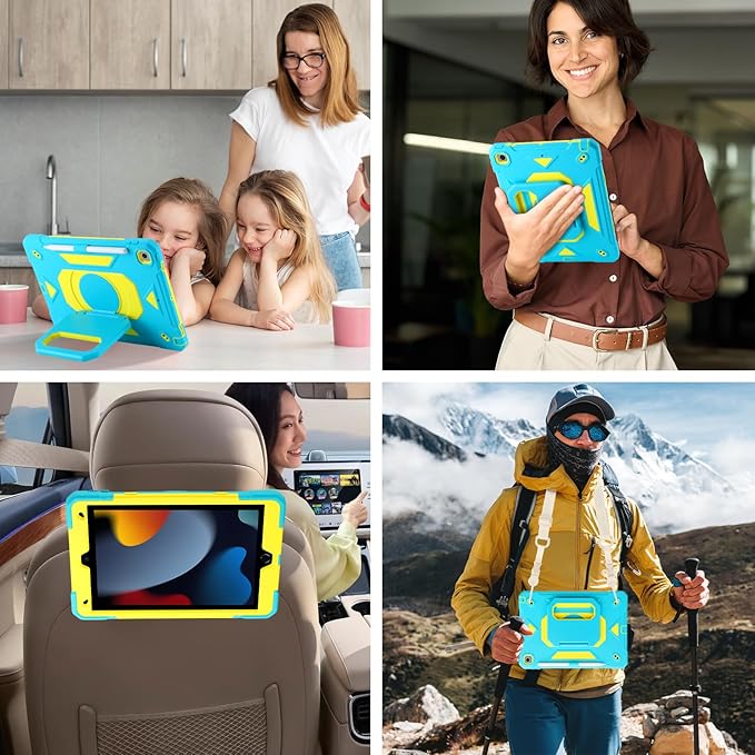 Case for iPad 9th Generation (2021) /iPad 8th Gen (2020)/iPad 7th Gen (2019) Military Grade Shockproof iPad Case Built-in 360°Rotating Stand/Pen Slot/Shoulder Strap for iPad 10.2 (Blue+Yellow)