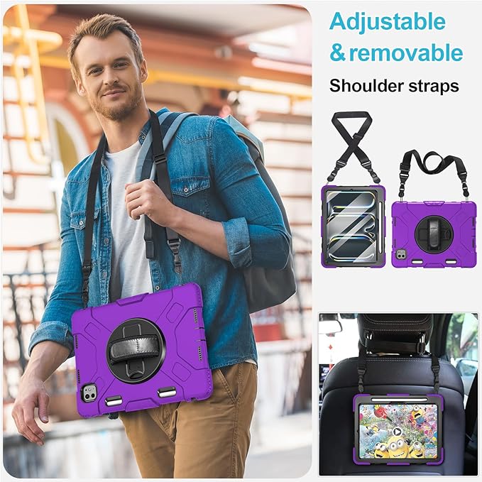 Case for iPad Pro 11 M5 2025/ M4 2024: Protective Cover for iPad Pro 11 Inch 5th Generation with Screen Protector- Stand- Handle- Shoulder Strap- Pencil Holder-Black+Purple