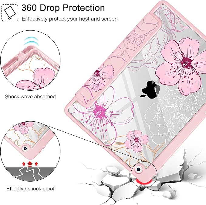 Case for iPad 9th/ 8th/ 7th Generation 10.2-Inch Case(2021/2020/2019 Release) [Built in Pencil Holder] Trifold Stand Auto Wake/Sleep Clear TPU Protection Back Cover Flowers Illustration