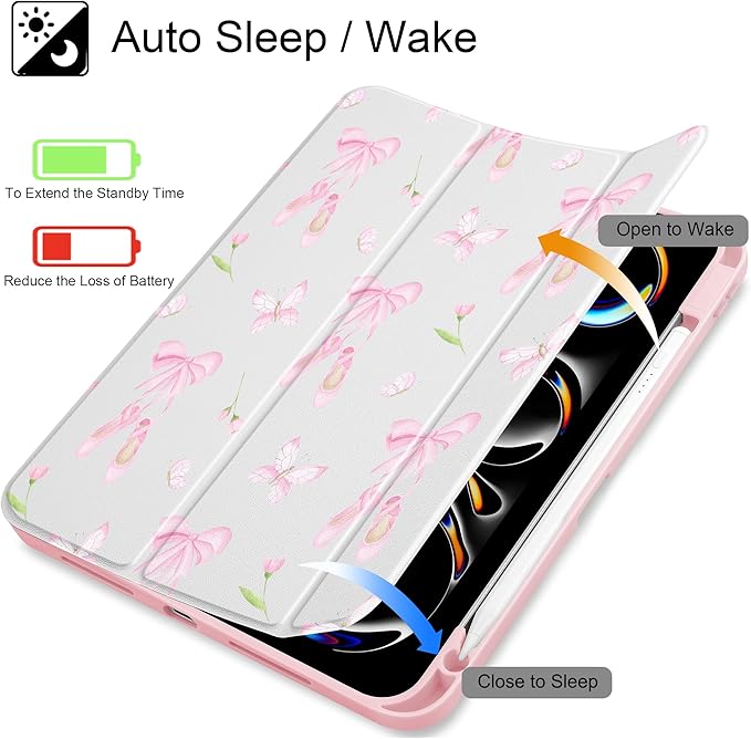 May Chen Case for iPad Pro 11-Inch M5/M4 2025/2024 (6th/5th Generation) [Penceil Holder] Trifold Stand Auto Wake/Sleep Clear TPU Protection Back Cover Ballet Shoes