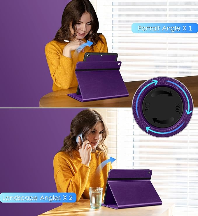 DTTO Rotating Case for iPad 9th/8th/7th Generation 10.2 Inch 2021/2020/2019 360 Degree Swiveling Premium Leather Folio Stand Cover with Pencil Holder - Auto Wake/Sleep and Hand Strap Dark Purple