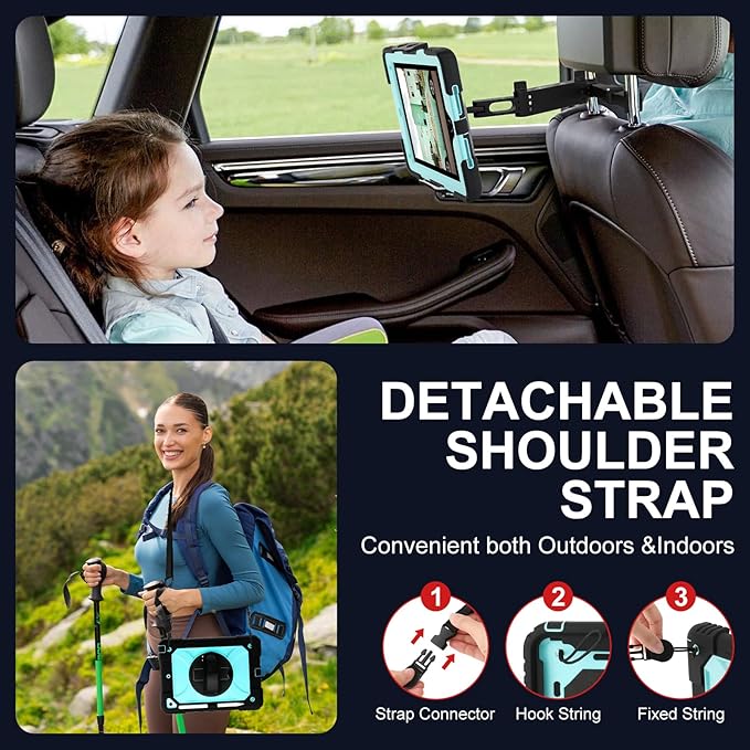 for iPad 6th Generation/iPad 5th Gen/iPad Air 2/iPad Pro 9.7 Case with Cute Key Chain Rugged Protective Case with Rotating Stand &amp Shoulder Hand Strap for iPad 6th/5th/ Air 2 (Black+Aqua)