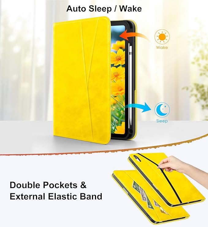 DTTO for iPad A16 Case iPad 11th / 10th Generation Case (2025/2022) 360 Degree Rotating Premium Leather Folio Stand Cover with Pencil Holder Yellow