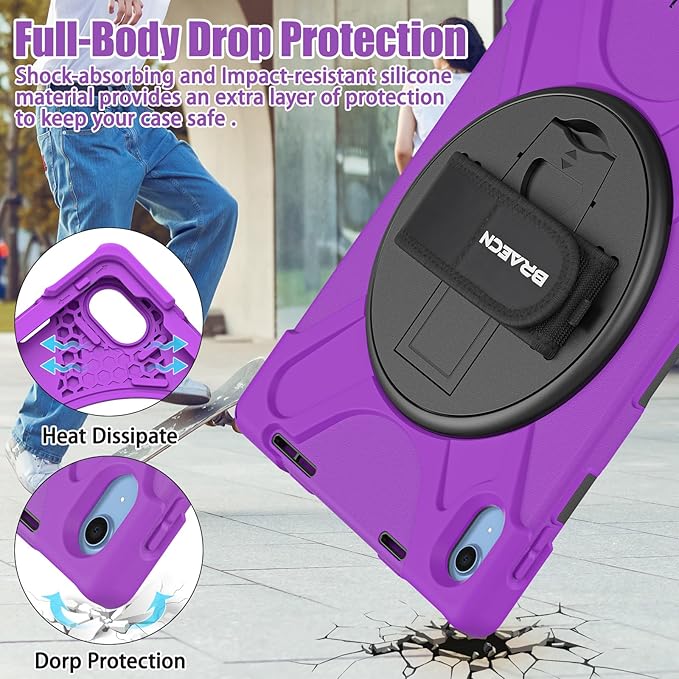 BRAECNstock for Apple iPad (A16) 11th/10th Generation 11/10.9'' 2025/2022 Shockproof Protective Case with Screen Protector Pencil Holder 360° Rotating Hand Strap&ampStand Shoulder Strap Purple