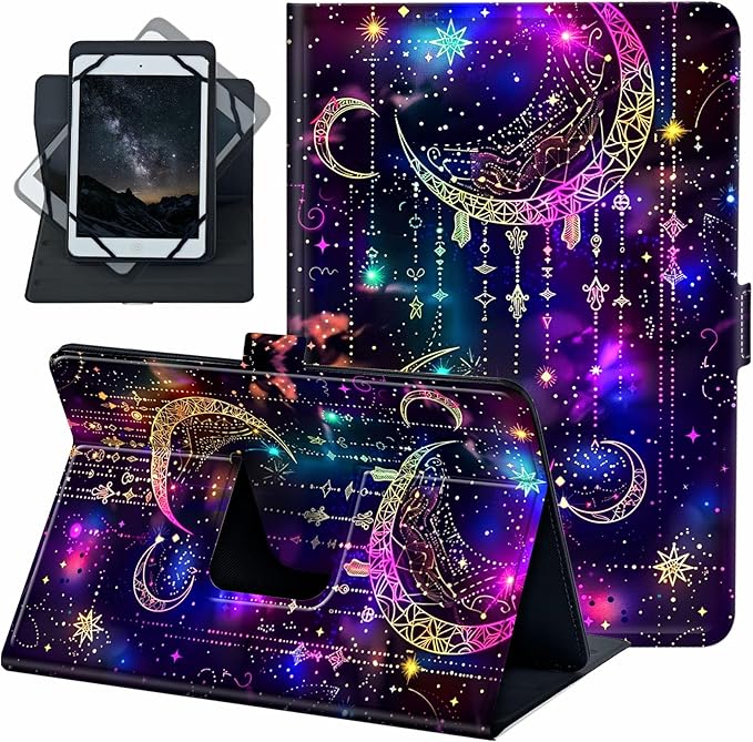 for Universal 10 10.1 Inch Android Tablet Case 360 Degree Rotating Leather Stand Folio Cover for iPad 9.7/10.2/10.5/Galaxy Tab 9-10.5/Fire HD10 &amp More 9.0-10.5 Inch TabletPurple Glitter Moon