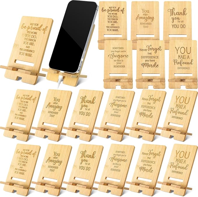 Ripeng 12 Pcs Employee Appreciation Gifts Bulk Bamboo Phone Stand for Desk Office Worker Thank You Gift for Administrative Assistant Team Coworkers Staff Nurse Teacher Week (Assorted Inspirational)
