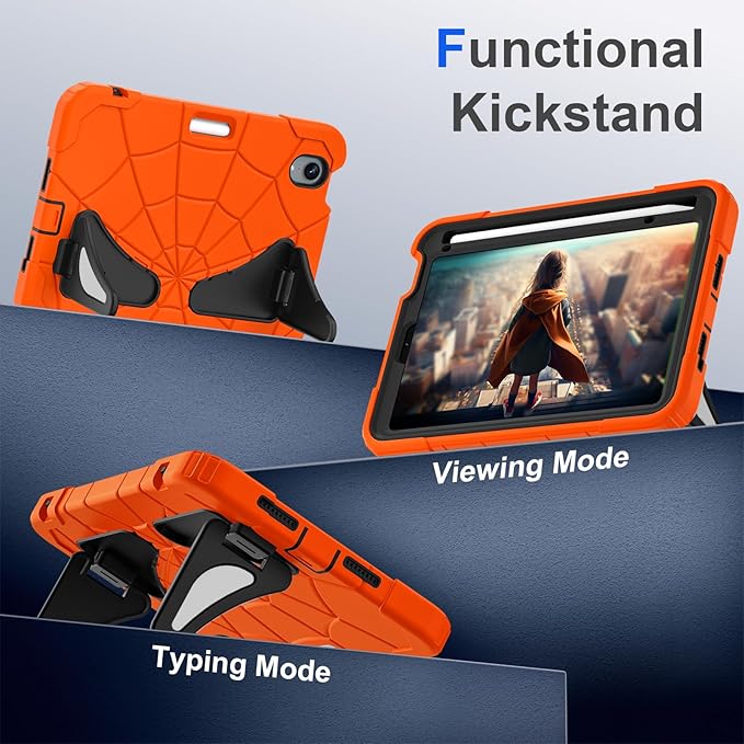 Kids Case for iPad mini 7 A17 Pro 2024/ Mini 6 8.3 inch Spider Case for iPad mini 7th 6th Generation Shockproof Durable Full Protective Cover with Pencil Holder Kickstand (Orange+Black)