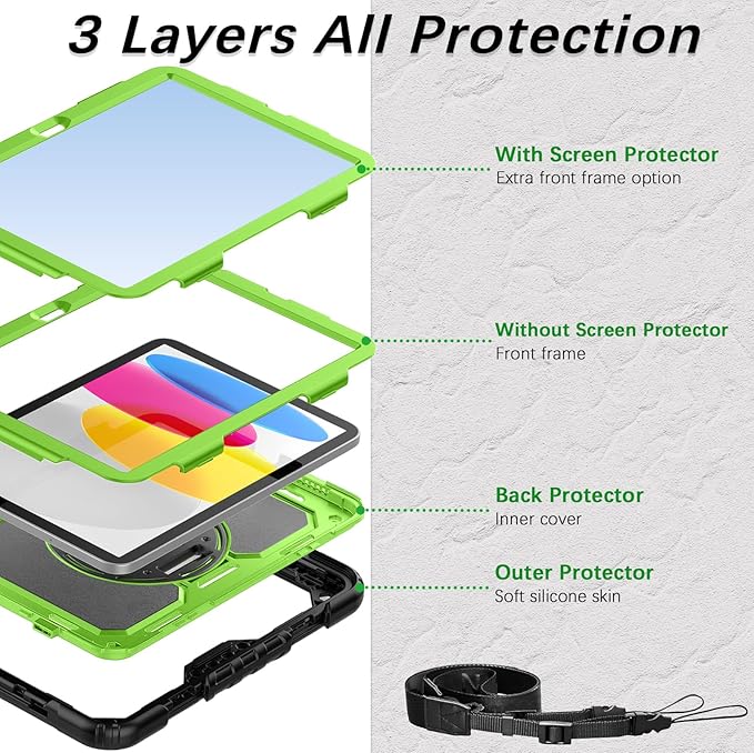Weuiean Case for iPad A16 11th/10th Generation 11/10.9 Military-Grade Heavy-Duty Shockproof Cover with 360° Rotating Stand Built-in Pencil Holder &amp Adjustable Hand/Shoulder Strap - Green+Black