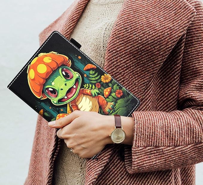 Case for Amazon Kindle Fire 7 Tablet (7 9th/7th Generation 2019/2017 Release) Slim PU Leather Cover with Card Slot &amp Auto Wake/Sleep Cute Little Dinosaur and Mushroom