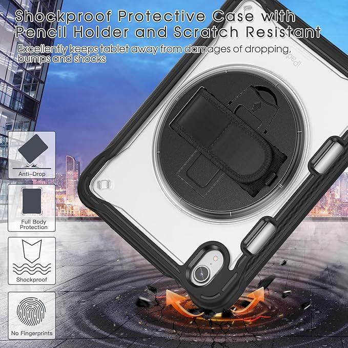 BRAECNstock Case for iPad mini 7 (A17 pro) 2024 &amp Mini 6 2021 8.3-inchShockproof Protective Cover with Pencil HolderScreen Protector360° Rotating Hand Strap/Stand-Black
