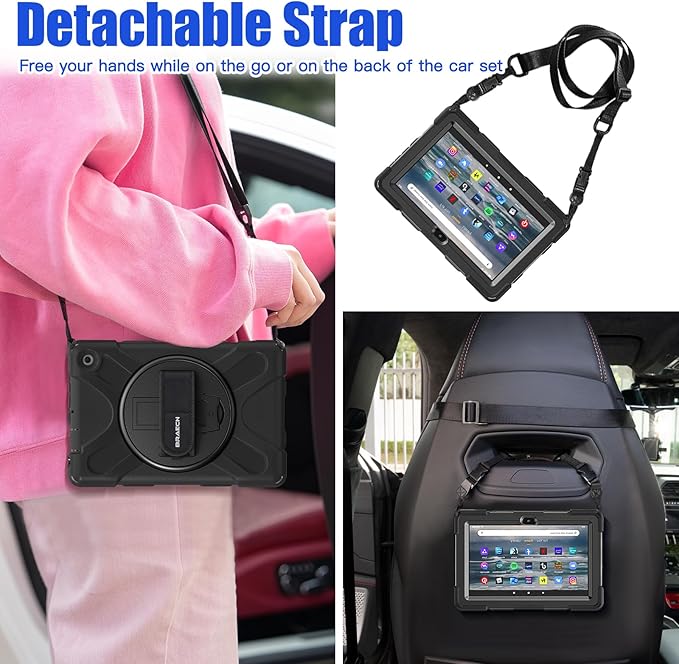 BRAECNstock for Amazon Fire 7 Tablet Case (12th Generation 2022 Release) 7 Shockproof Protective Kids Case with [Rotating Hand Strap] &amp Stand Pen Holder Shoulder Strap Black